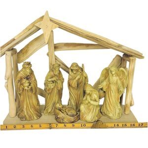 VTG Star of Bethlehem Wood Manger 7 Pc. Resin Figurines Christmas Nativity Scene